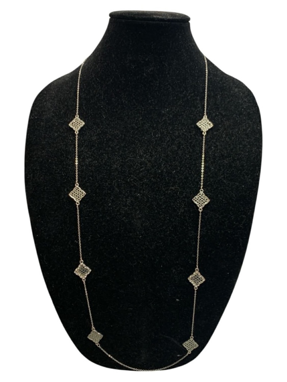 Delicate Silver Filigree Station Necklace - Long Fashion Layering Chain